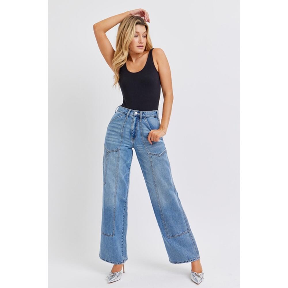 Cello Medium Wash Size 9/29 High Rise Wide Leg Jean with Carpenter Details - Picture 2 of 5